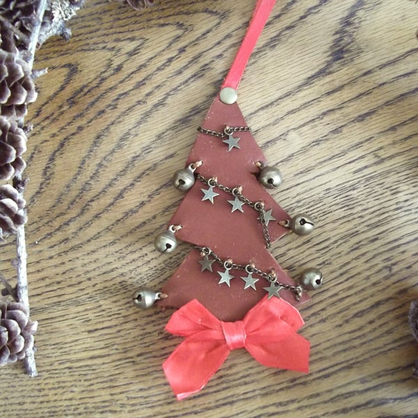 Christmas Tree Leather Decoration With Stars & Bells