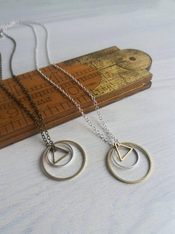 Mixed Geometric charm necklace - petite circles and triangle - mixed metals 