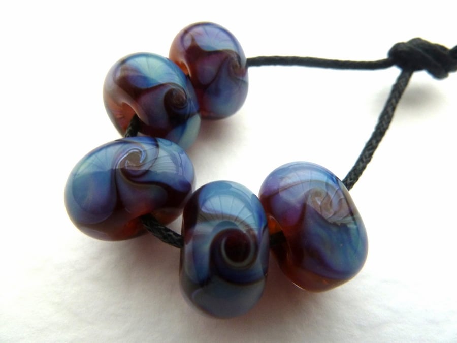 handmade lampwork glass beads, purple waves