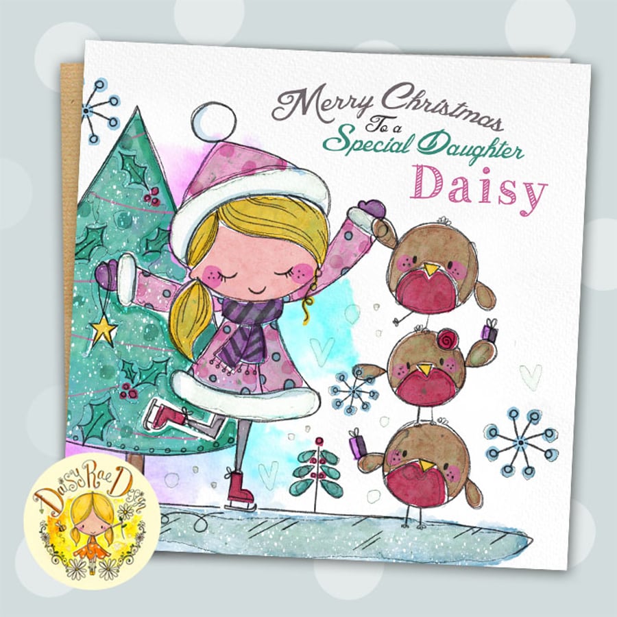 Dancing on Ice Girly personalised Christmas white square 6" linen card
