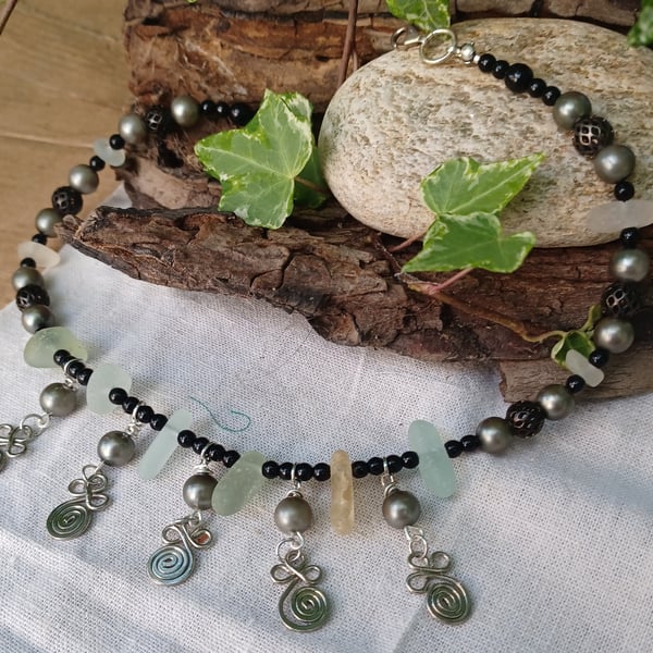 Seaglass and Bead ethnic style necklace