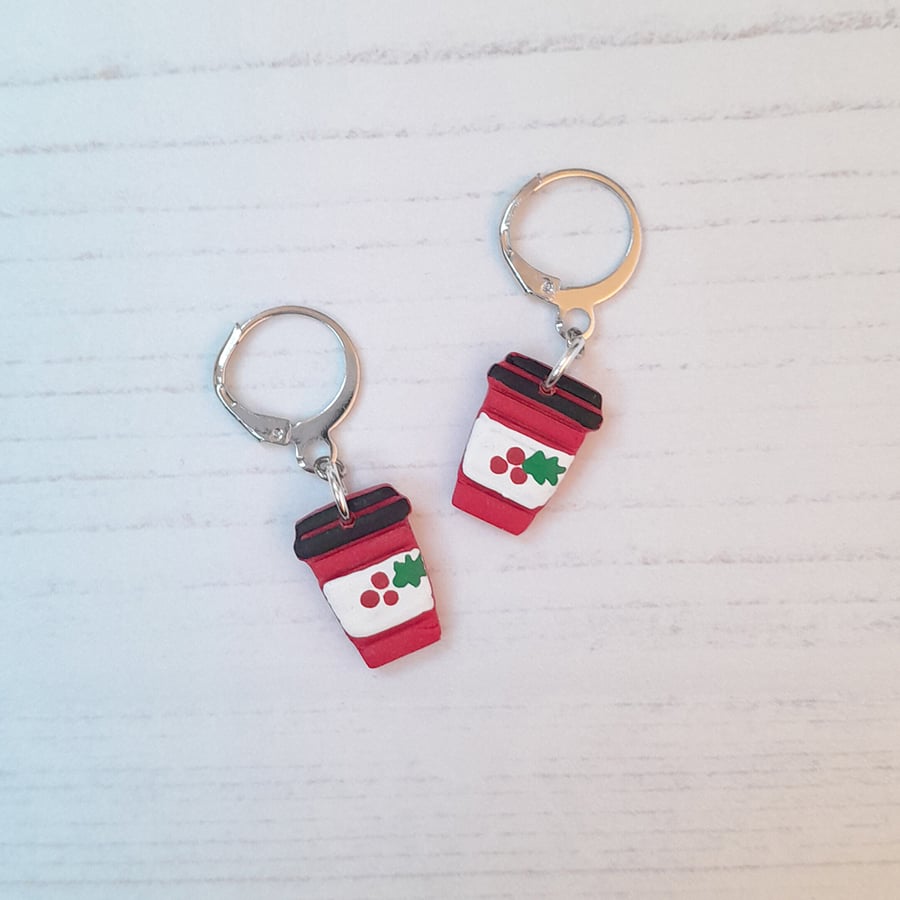 Holly and berries coffee cup earrings