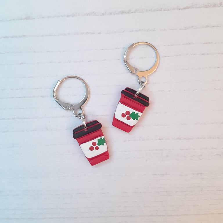 Holly and berries coffee cup earrings