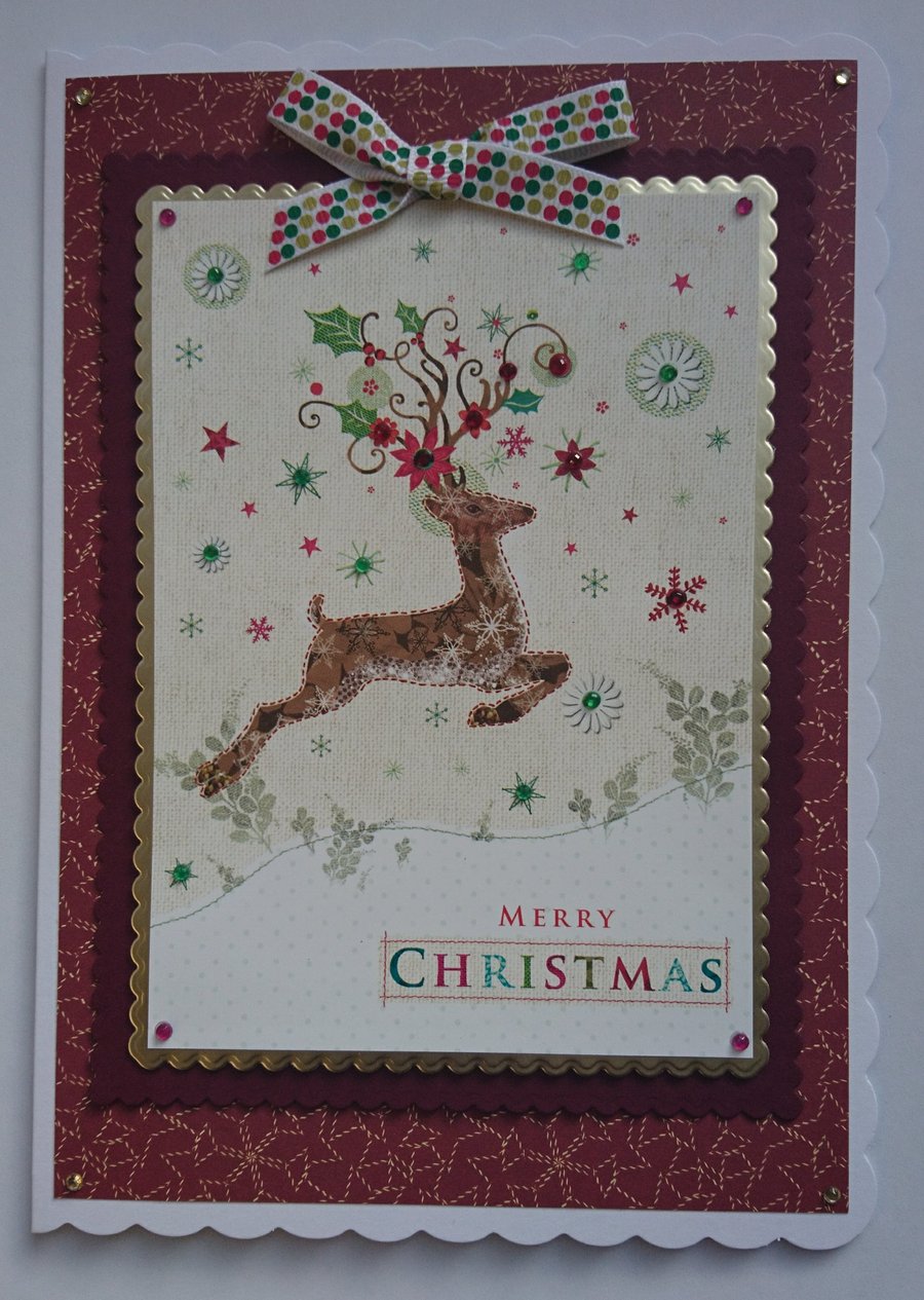 Christmas Card Ornate Reindeer with Poinsettias and Holly