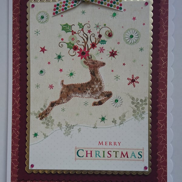 Christmas Card Ornate Reindeer with Poinsettias and Holly