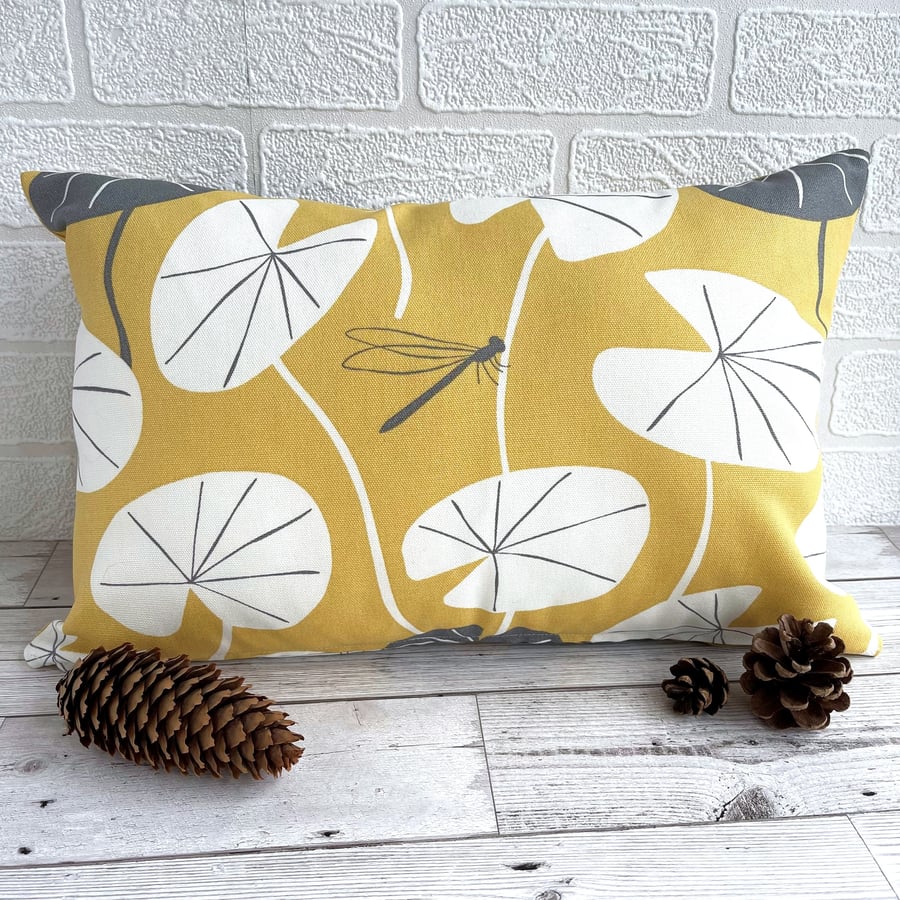 Golden Yellow Cushion with Lily Pad Leaves and Dragonfly