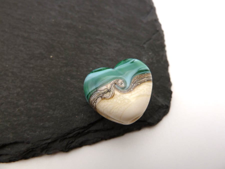 lampwork glass bead, green and ivory heart focal