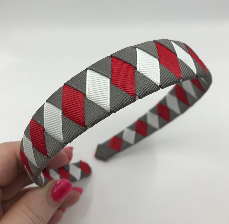 School Red, Grey and White Diamond Pleated Hairband