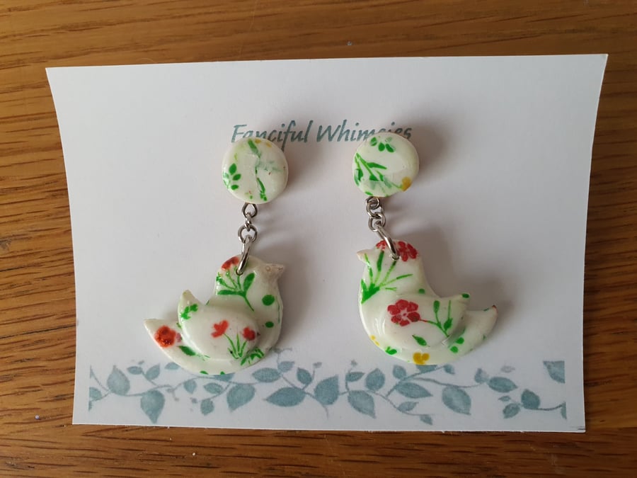 Cute Ceramic Effect Stud and Drop Little Bird Earrings