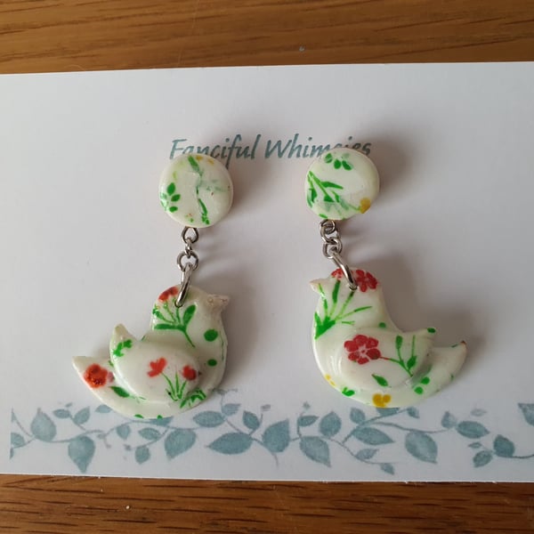 Cute Ceramic Effect Stud and Drop Little Bird Earrings