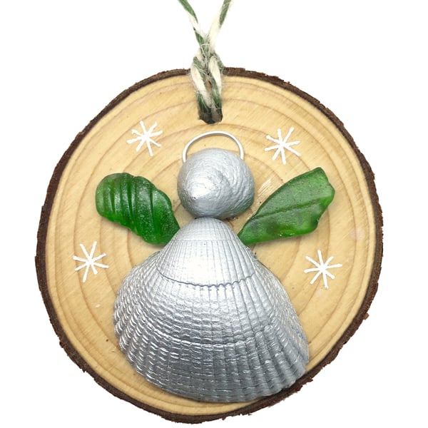 Angel - Shell & Sea Glass Christmas Tree Decorations. Handmade Wooden Baubles