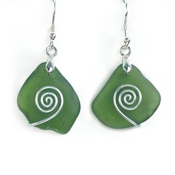 Sea Glass Earrings - Green - Scottish Sterling Silver Wire Celtic Jewellery
