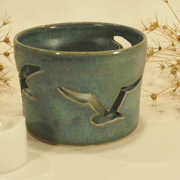 Ceramic Blue Candle Holder - 4 birds