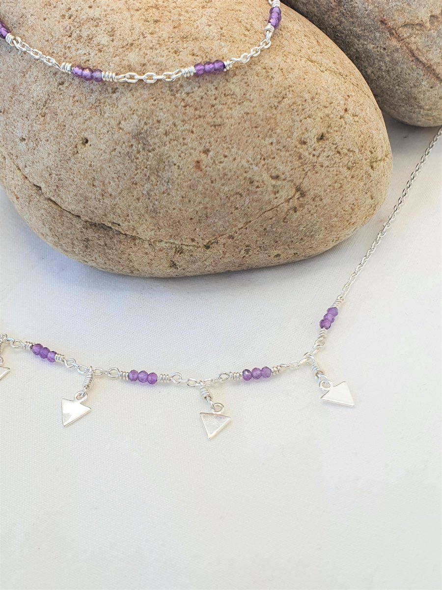 Dainty Amethyst Choker with Sterling Silver Triangles,