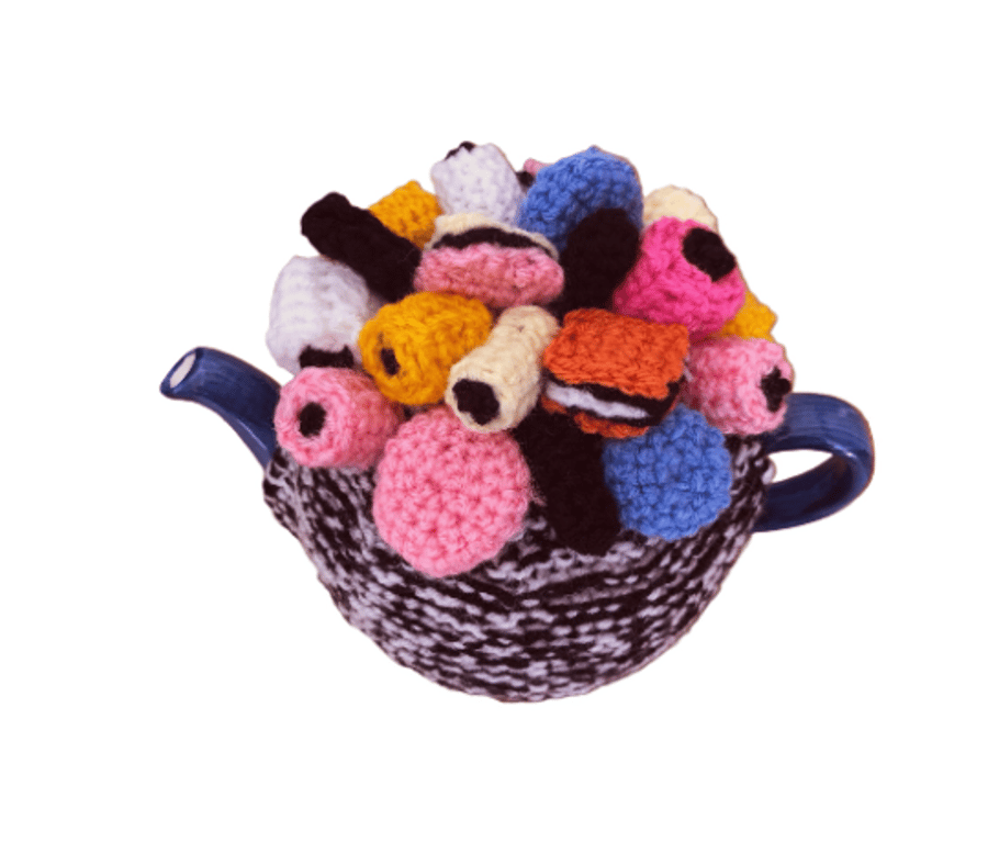 Hand Knitted Tea Cosy Top Covered In My favourite Liquorice Allsort Sweets (R737