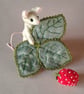 Strawberry mouse miniature jointed collectable with a silk embroidered leaf - Image 8