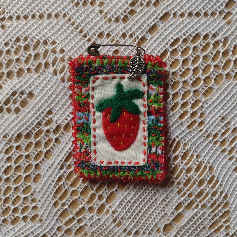 Textile Strawberry Brooch Pin - Felt - Beaded Pin - Hand-Stitched - OOAK - 