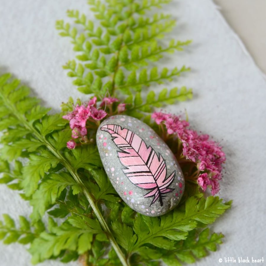 painted pebble - pink feather (ii)