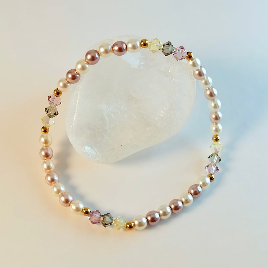 Czech Glass Pearl Bracelet With Swarovski Crystals  - Handmade In Devon