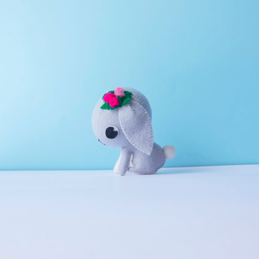 Grey rabbit ornament with pink rose flowers - Folksy