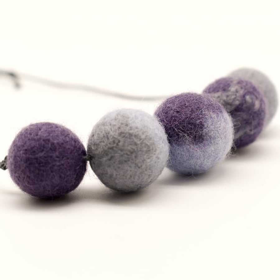 Felted bead necklace in grey and purple wool