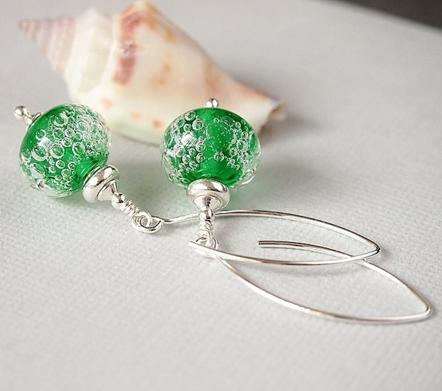 Green Bubbles Glass Bead Earrings - Lampwork - Sterling Silver