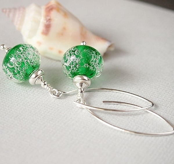 Green Bubbles Glass Bead Earrings - Lampwork - Sterling Silver
