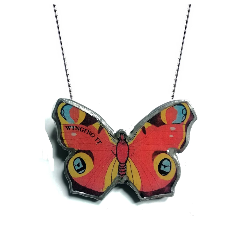 Beautiful bright Retro Winging it  Butterfly resin necklace by EllyMental