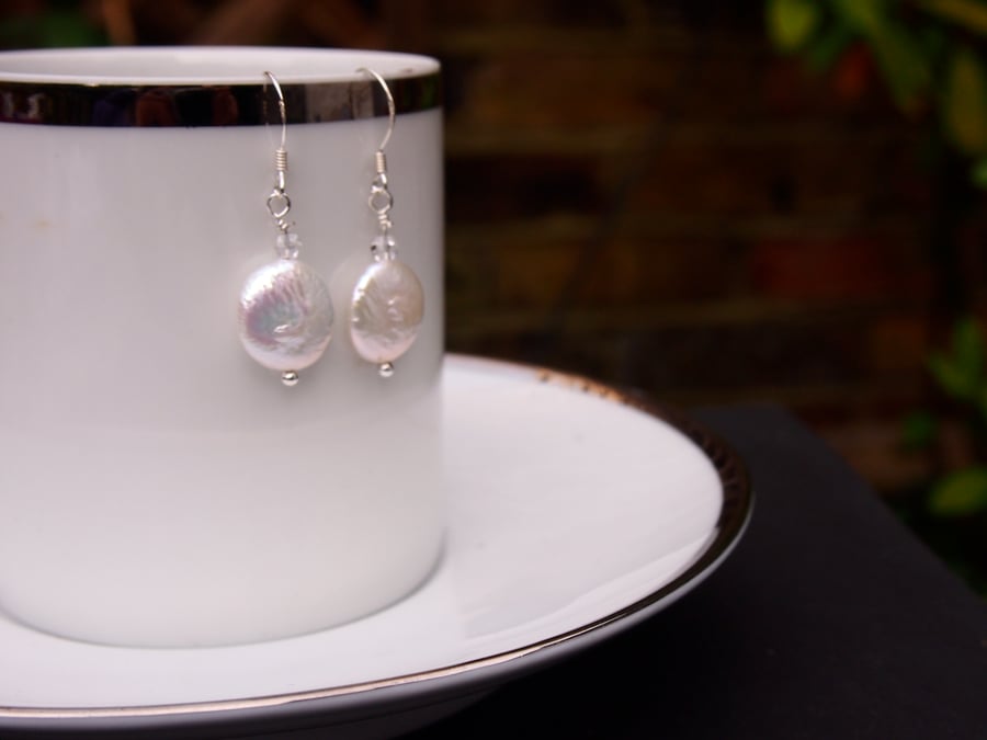 Freshwater coin pearl and Swarovski crystal drop earrings