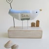 Fabric Sea Bird - Seagull with Wire Heart and Little Recycled Ruler Huts