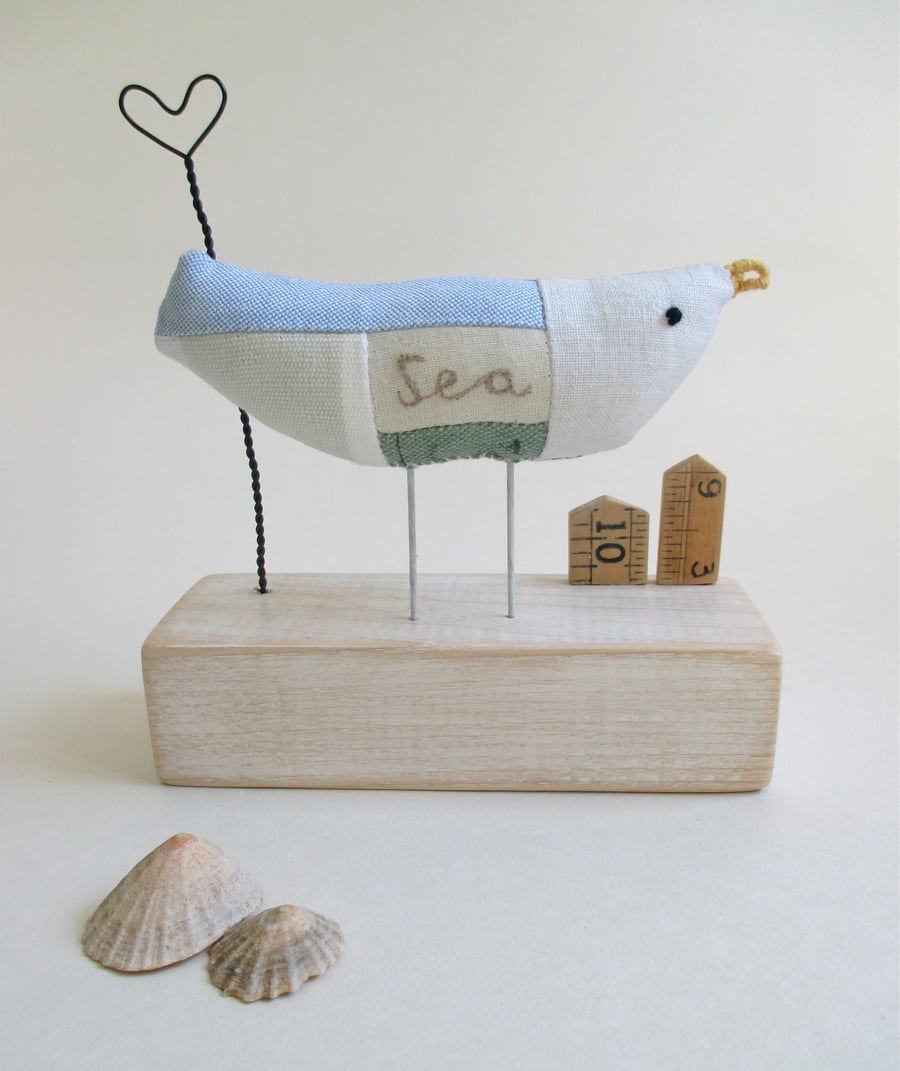 Fabric Sea Bird - Seagull with Wire Heart and Little Recycled Ruler Huts