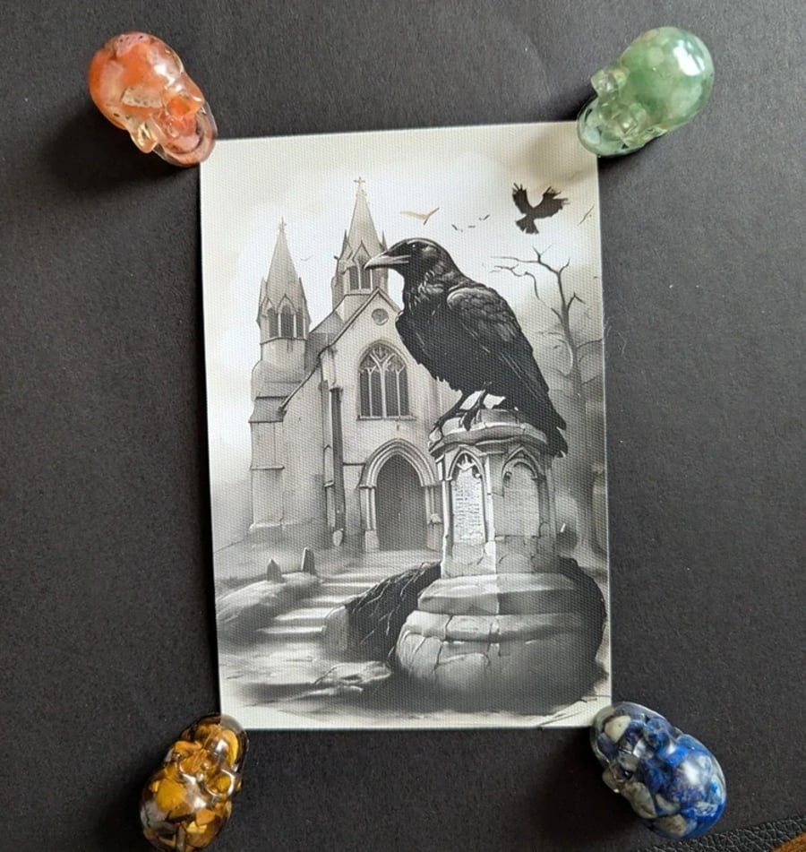 Gothic Crow & Church Unframed Synthetic Canvas Print