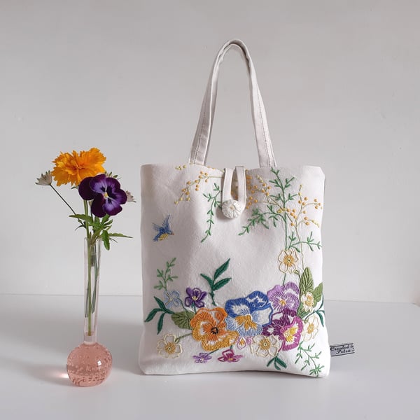  Handbag or bucket bag upcycled in vintage floral embroidery and blue denim