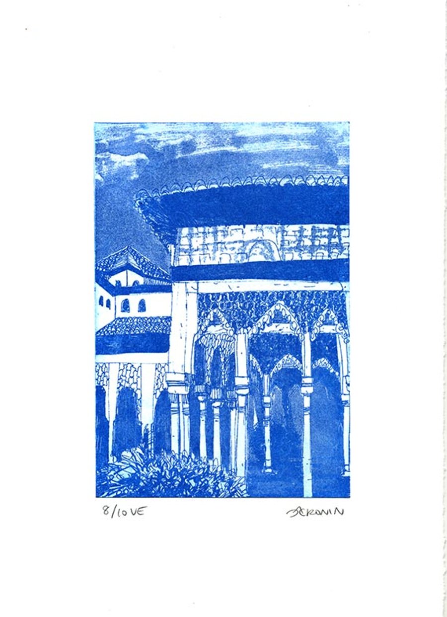 Alhambra Courtyard Etching Hand Pulled Original Print - Blue