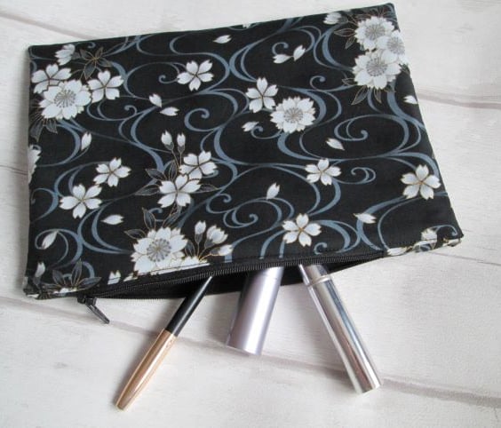 Monochrome Floral Zip Top Storage Bag, Make Up Bag, Pencil Case