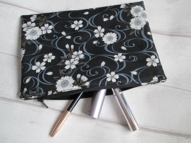 Monochrome Floral Zip Top Storage Bag, Make Up Bag, Pencil Case