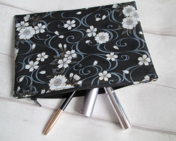 Monochrome Floral Zip Top Storage Bag, Make Up Bag, Pencil Case