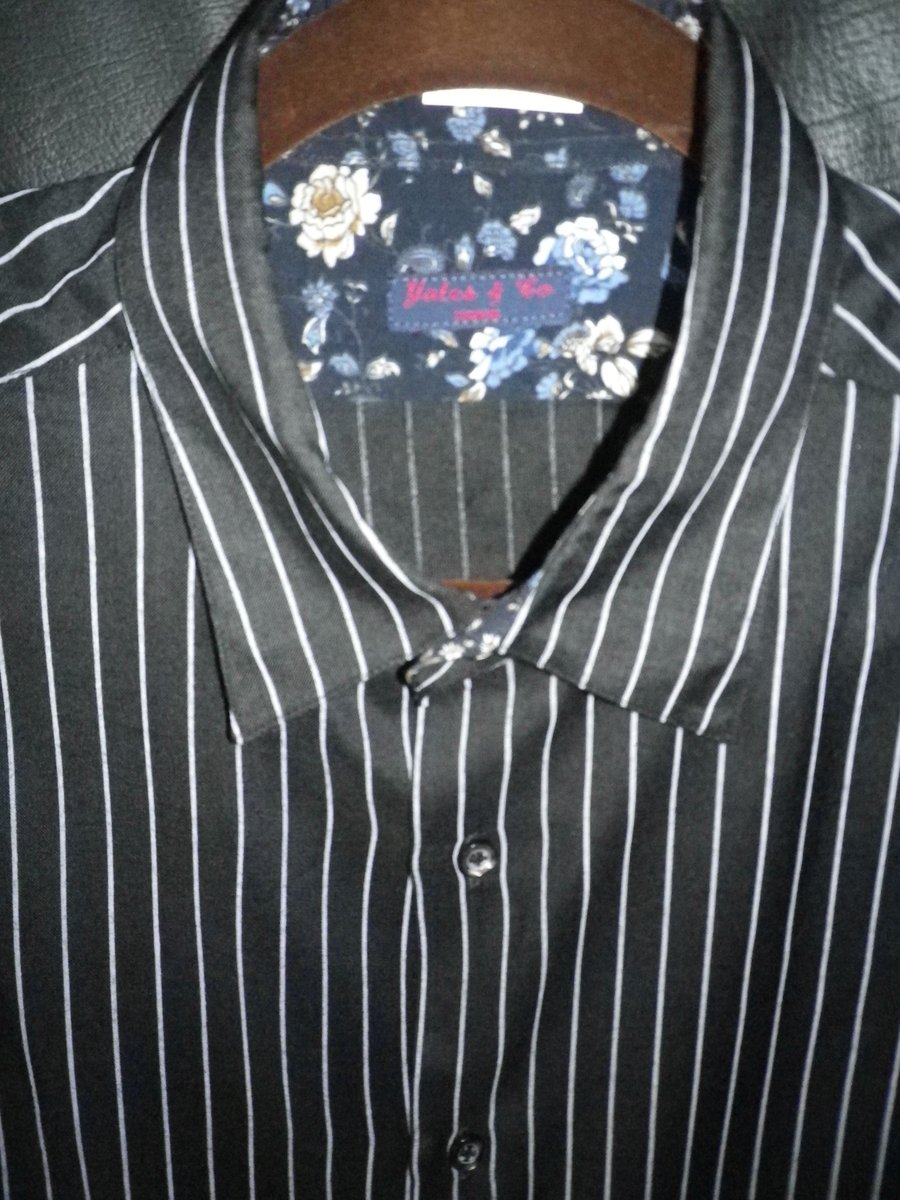 Black and white chalk stripe casual shirt, dramatic contrast