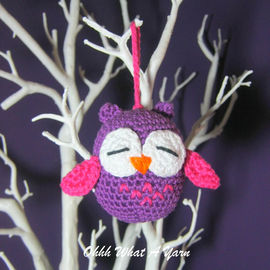 Crochet Purple owl hanging decoration, pin cushion, scissor keeper, bag charm