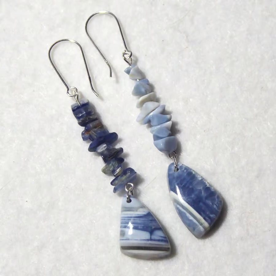 Sterling Silver, Blue Opal & Kyanite Unique Asymmetric Earrings