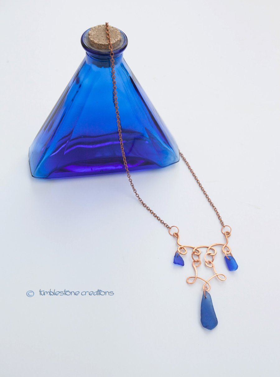 Hammered Copper and Welsh Blue Seaglass necklace