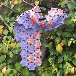Hand crocheted fine wool scarf.Flower scarf.  Hand spun yarn.