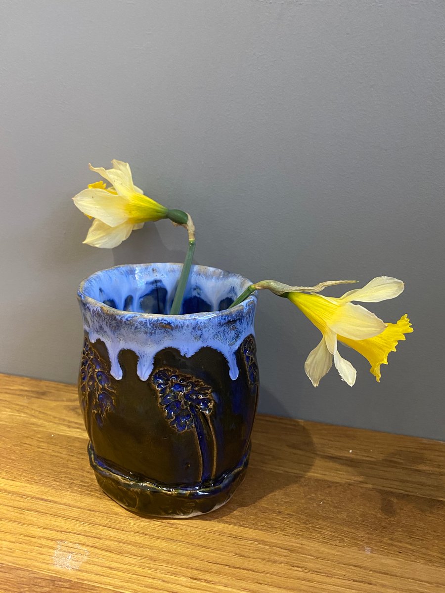 Blue stoneware vase impressed with flowers pen pot 