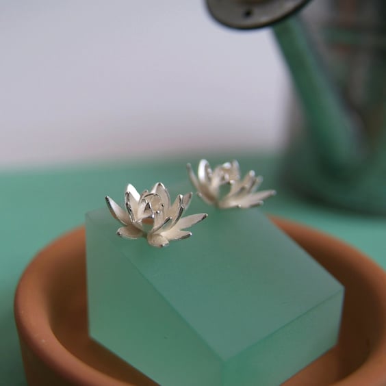 Silver Lotus Flower Earrings, Petal Stud Earrings 