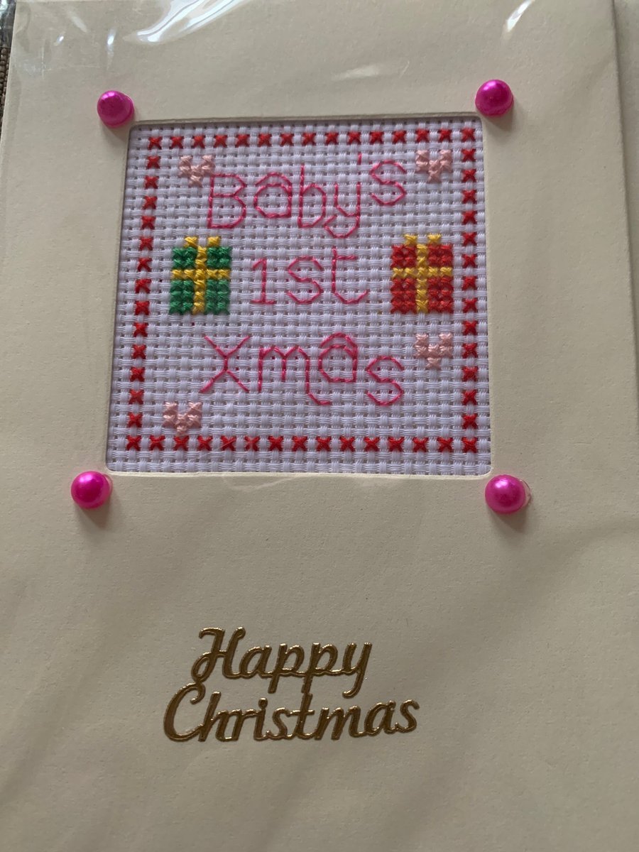 Cross stitched baby s first Christmas card, little girl baby s first Christmas c