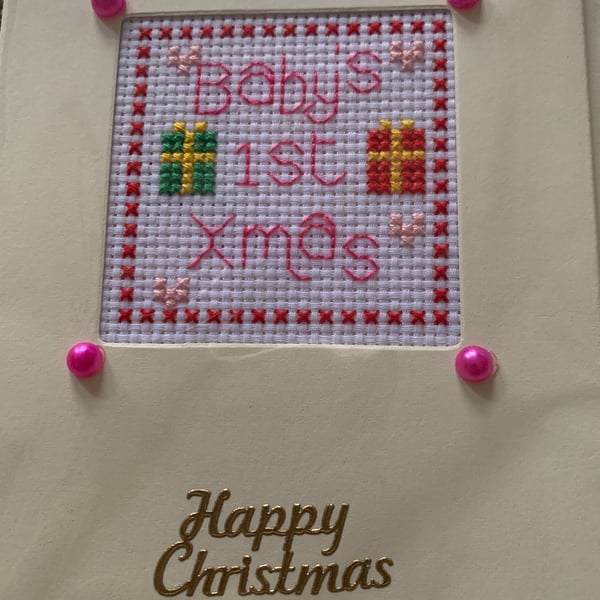 Cross stitched baby s first Christmas card, little girl baby s first Christmas c