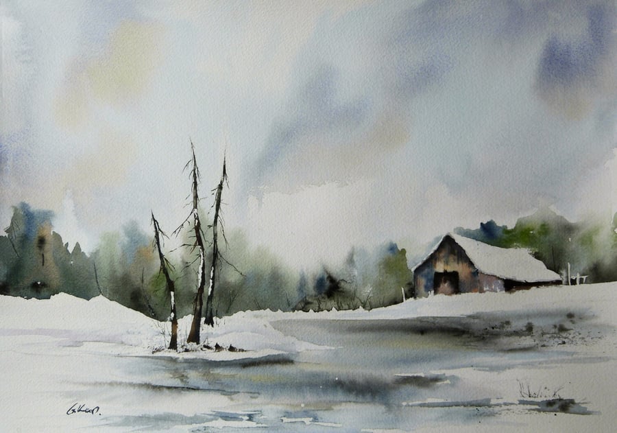 Winter Barn, Original Watercolour Painting.