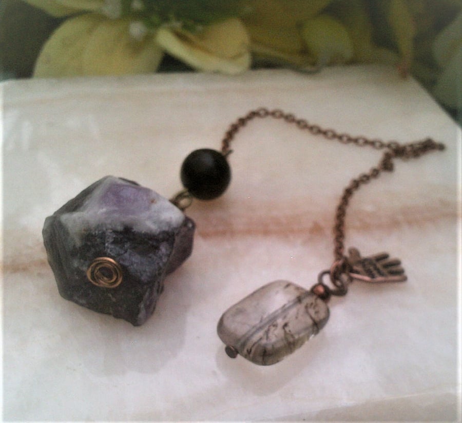 Raw Amethyst and Shungite Crystal Pendulum, Dowsing Pendulum