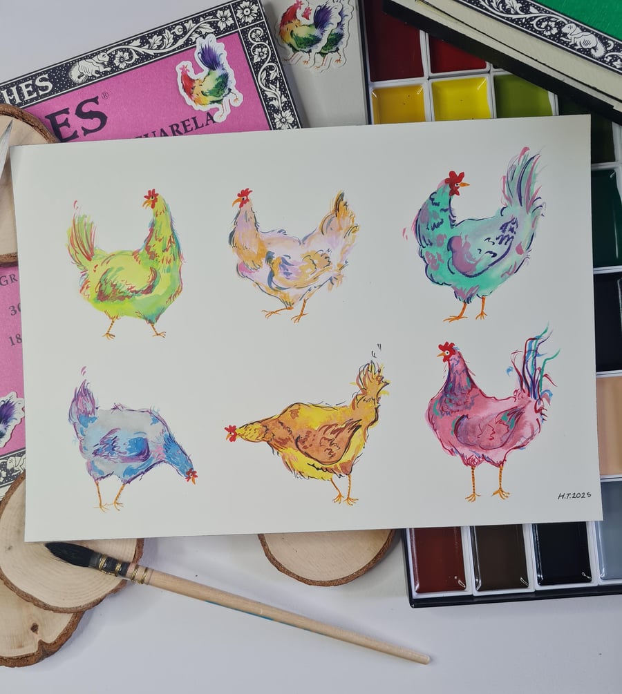 Original hand painted watercolour funny chicken art