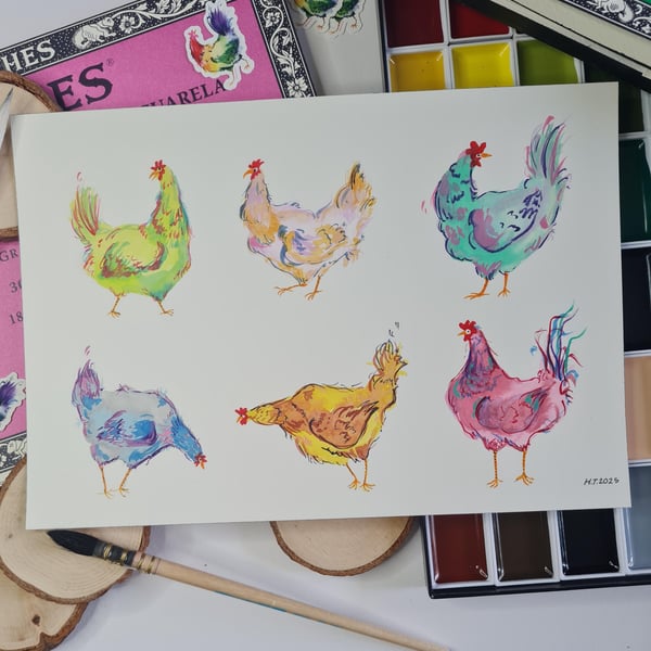 Original hand painted watercolour funny chicken art